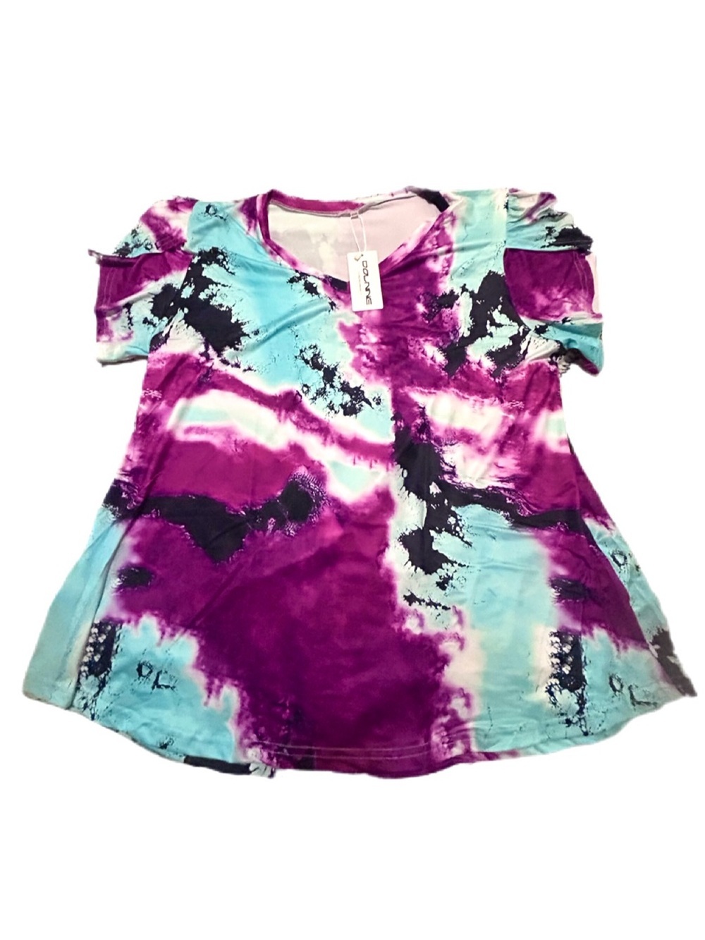Tie-Dye Short Puff Sleeve Top - Purple & Aqua Plus Size